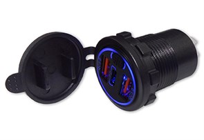 USB разъем двойной QC3.0 и PD c кнопкой (Синяя подсветка) С34B